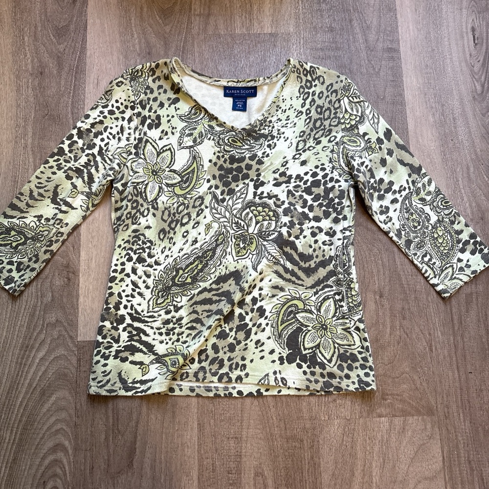 Karen Scott Green Graphic 3/4 Sleeve Blouse